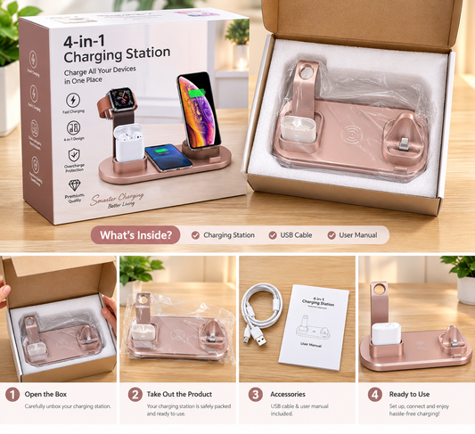 100W 4-in-1 Wireless Charger Dock — iPhone 16–12, Apple Watch, AirPods Pro 2/1, Fast Charging Station
