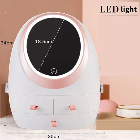 Cosmetic Storage Box with Mirror & LED Light | Rotating Transparent Organizer