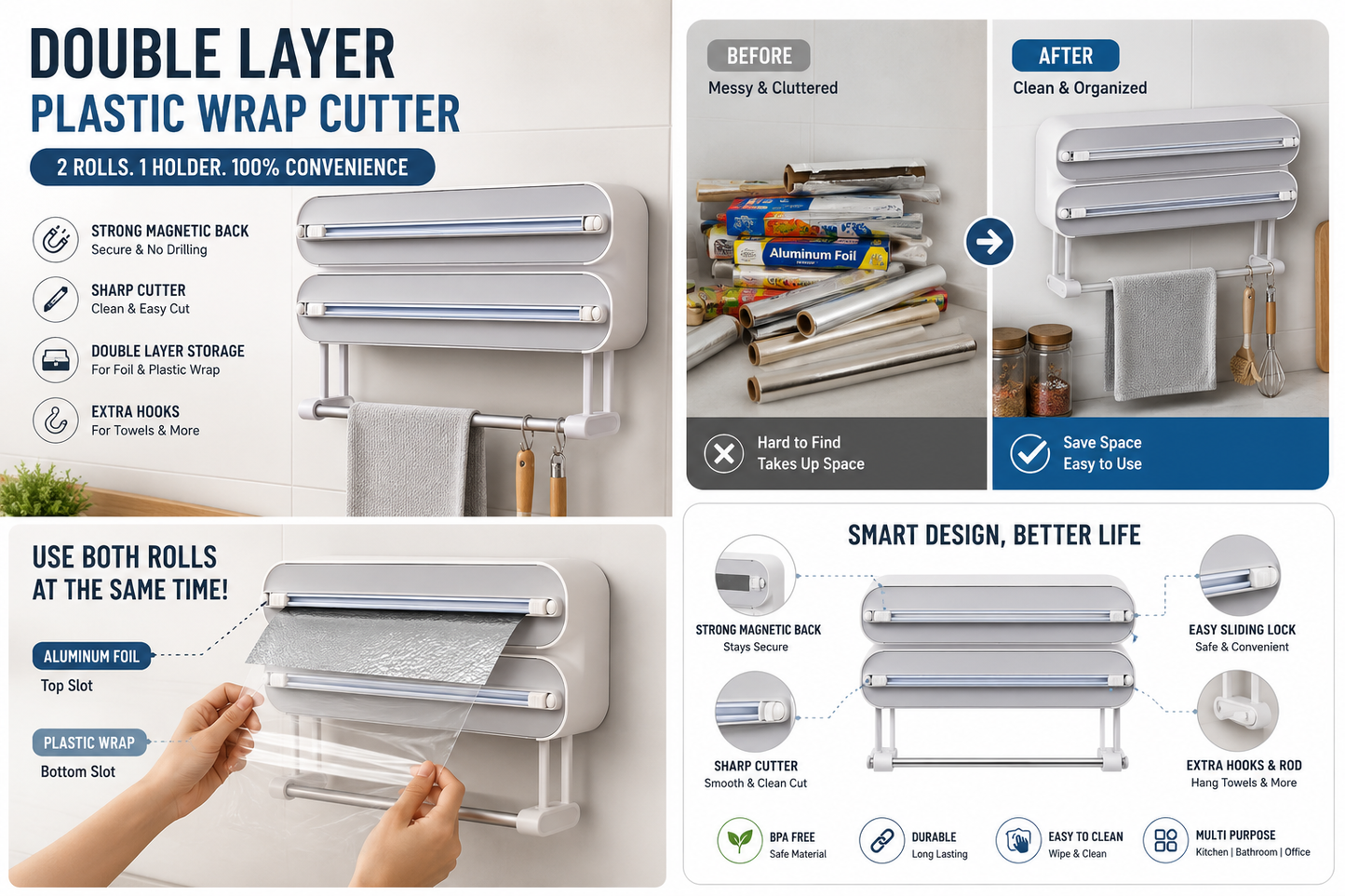 3-in-1 Aluminum Film Wrap Cutter & Wall Mount Dispenser