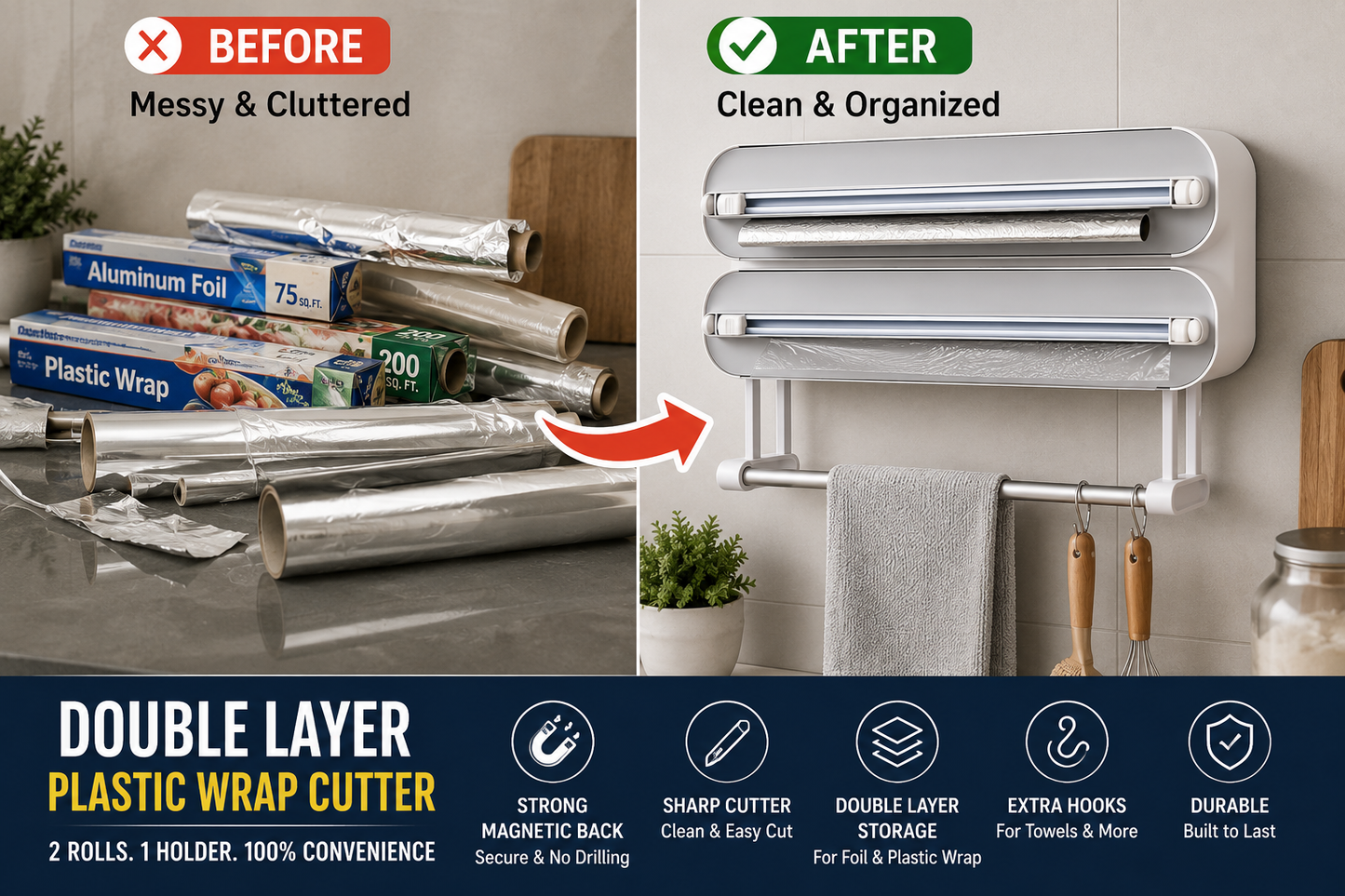 3-in-1 Aluminum Film Wrap Cutter & Wall Mount Dispenser