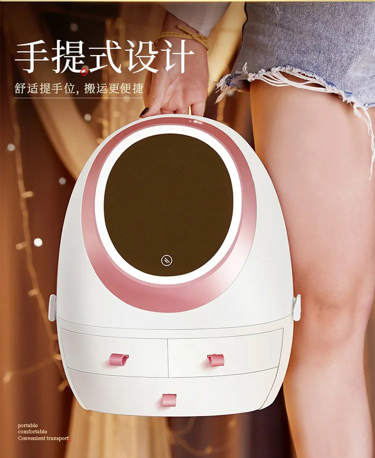 Cosmetic Storage Box with Mirror & LED Light | Rotating Transparent Organizer
