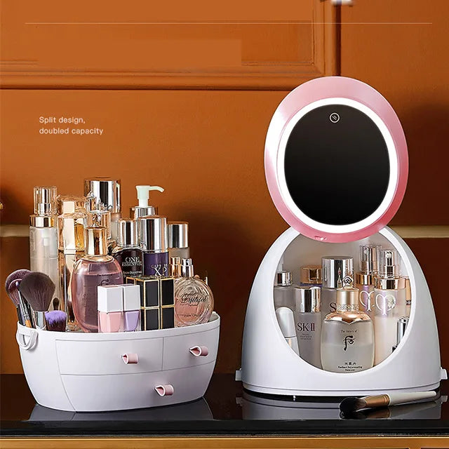 Cosmetic Storage Box with Mirror & LED Light | Rotating Transparent Organizer