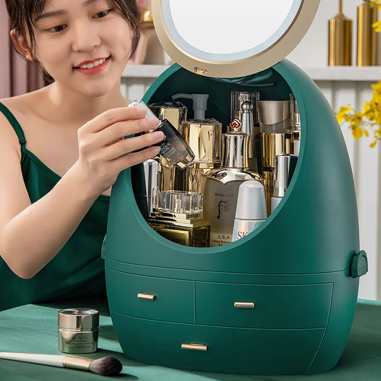 Cosmetic Storage Box with Mirror & LED Light | Rotating Transparent Organizer