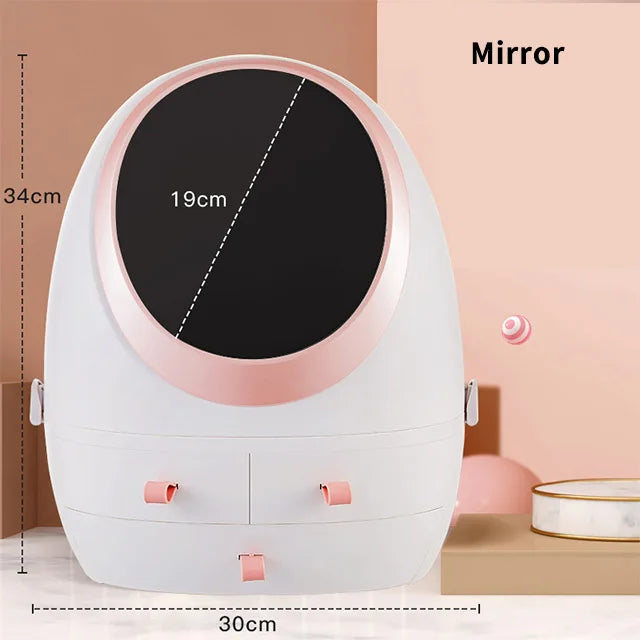 Cosmetic Storage Box with Mirror & LED Light | Rotating Transparent Organizer
