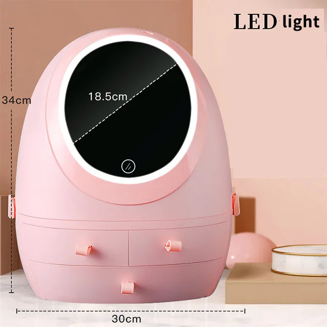 Cosmetic Storage Box with Mirror & LED Light | Rotating Transparent Organizer