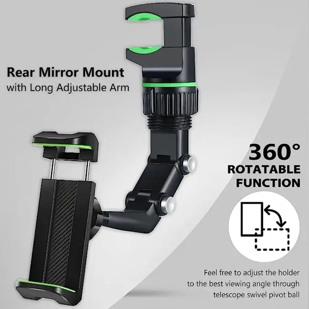 Retractable Rearview Mirror Phone Holder – Universal 360° Pivot for Cars, Trucks, SUVs