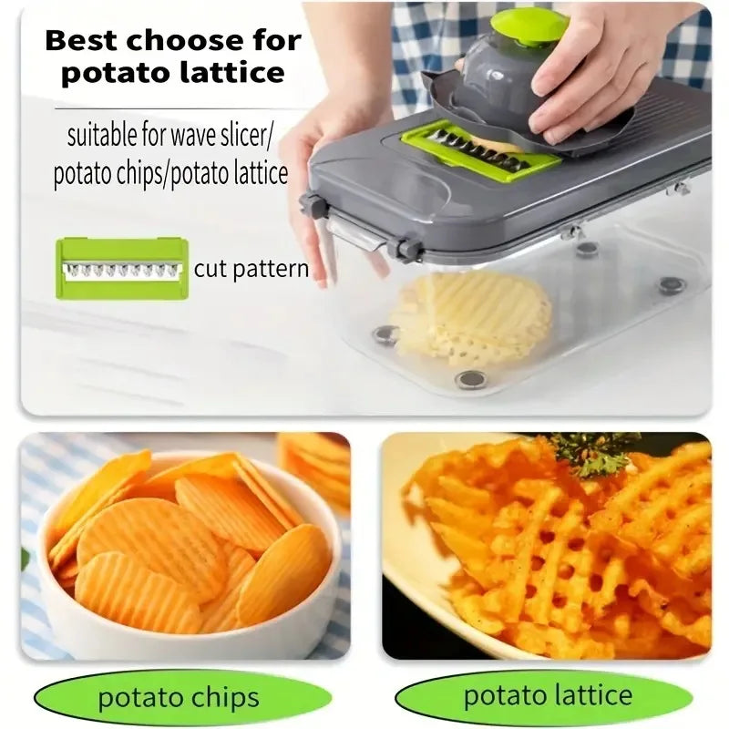 Vegetable Chopper 22-in-1 – Stainless Steel Blades, Adjustable Slicer/Cutter, Drain Rack & Storage