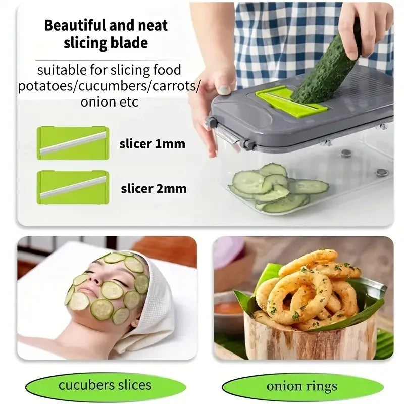 Vegetable Chopper 22-in-1 – Stainless Steel Blades, Adjustable Slicer/Cutter, Drain Rack & Storage