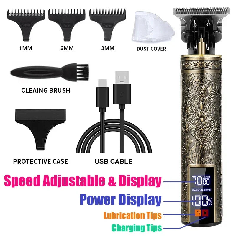 Cordless Hair Clipper Vintage Trimmer — USB Fast Charging, Portable