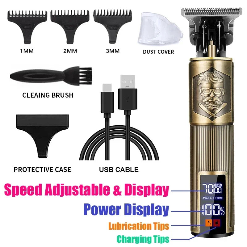Cordless Hair Clipper Vintage Trimmer — USB Fast Charging, Portable