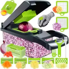 Vegetable Chopper 22-in-1 – Stainless Steel Blades, Adjustable Slicer/Cutter, Drain Rack & Storage
