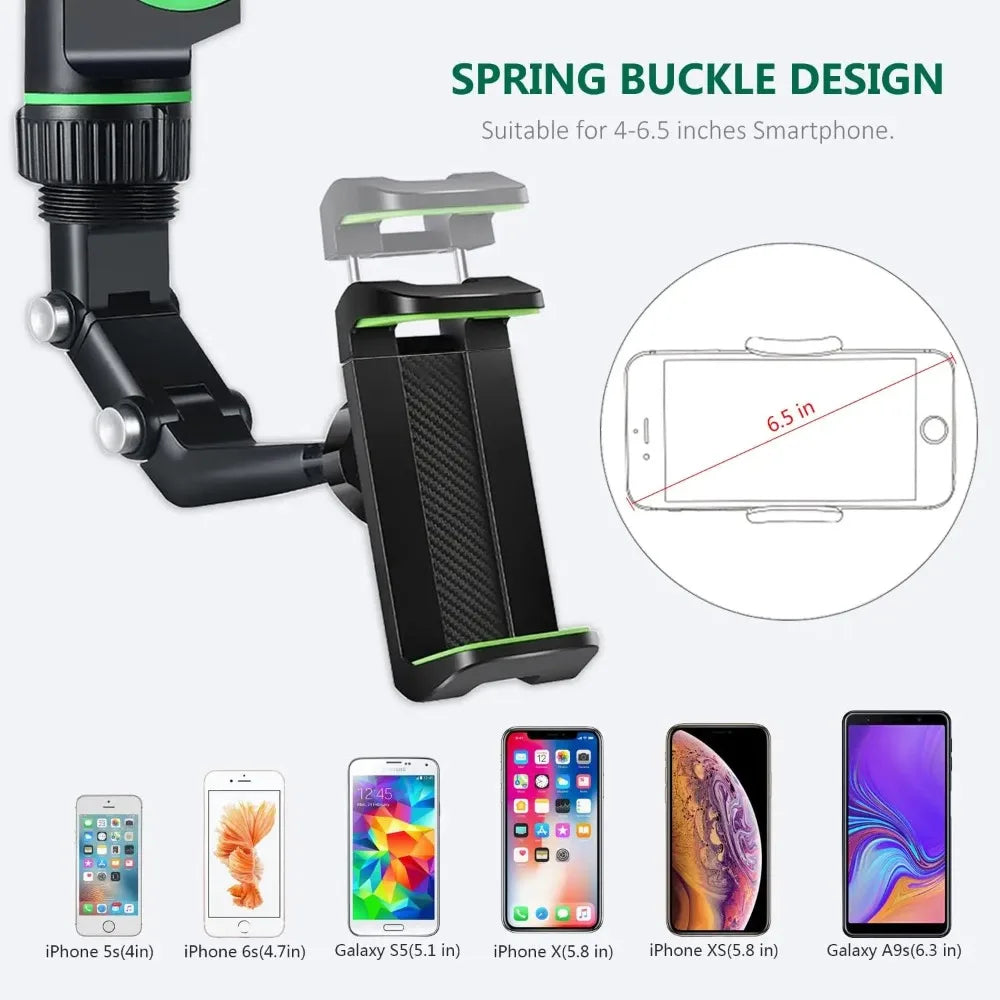 Retractable Rearview Mirror Phone Holder – Universal 360° Pivot for Cars, Trucks, SUVs